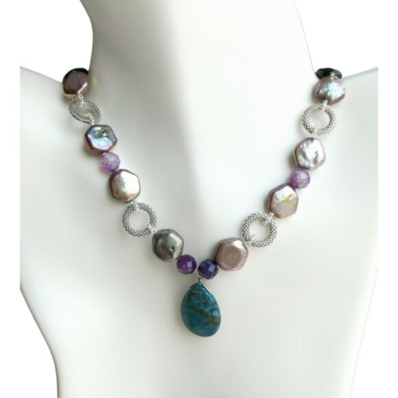 Handmade Peacock coin pearl and quartz necklace - Picture 2 of 8